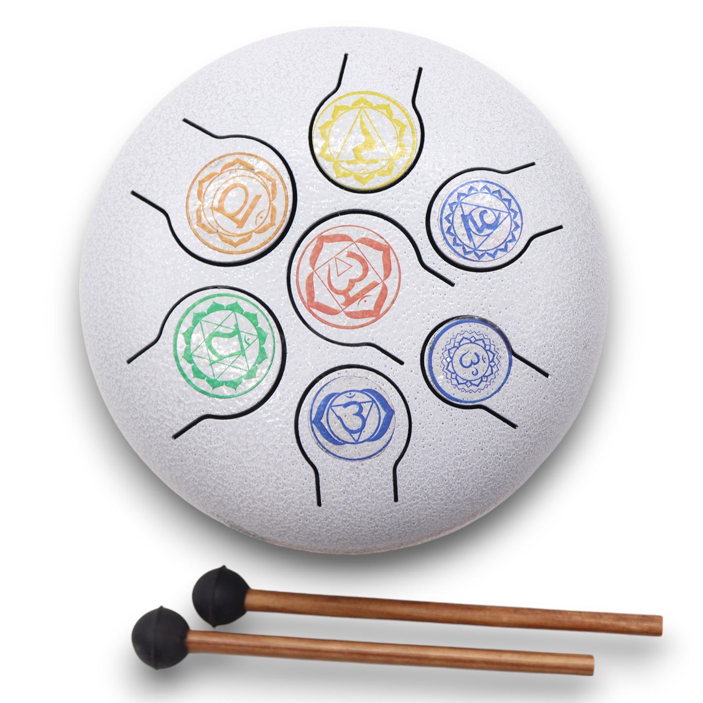 Steel Tongue Drum – Medium 7 Chakra design with coloured symbols, mallets included (17x13cm)