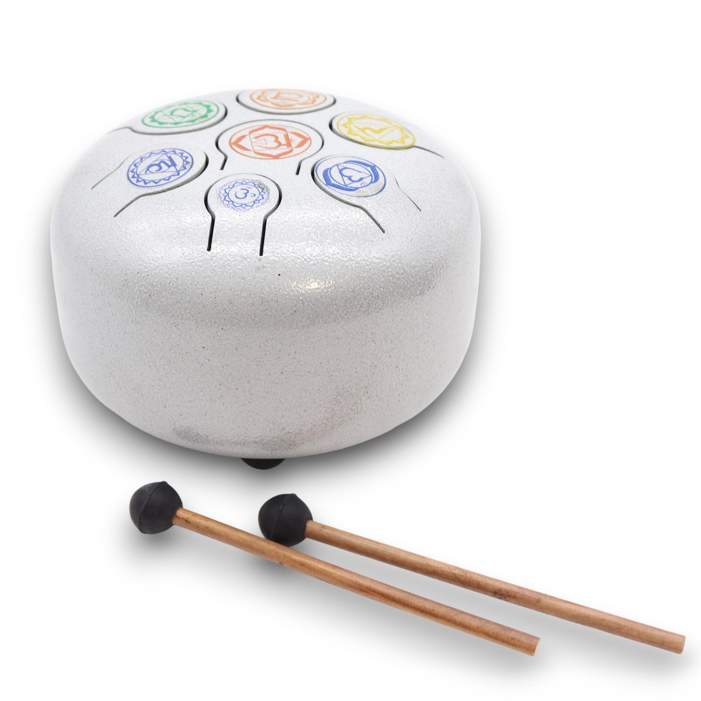 Steel Tongue Drum – Medium 7 Chakra design with coloured symbols, mallets included (17x13cm)