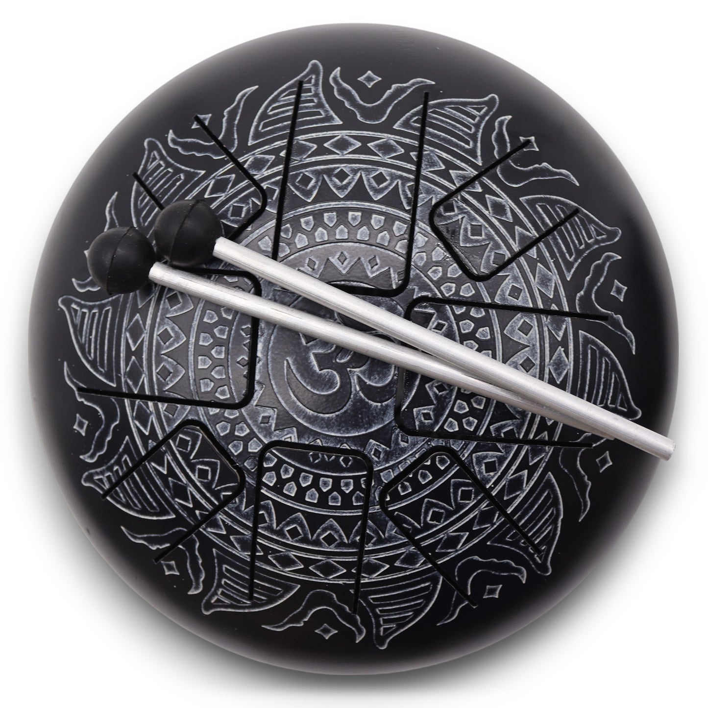 Steel Tongue Drum – Medium Black with Om Mandala Engraving and mallets (22x15cm)