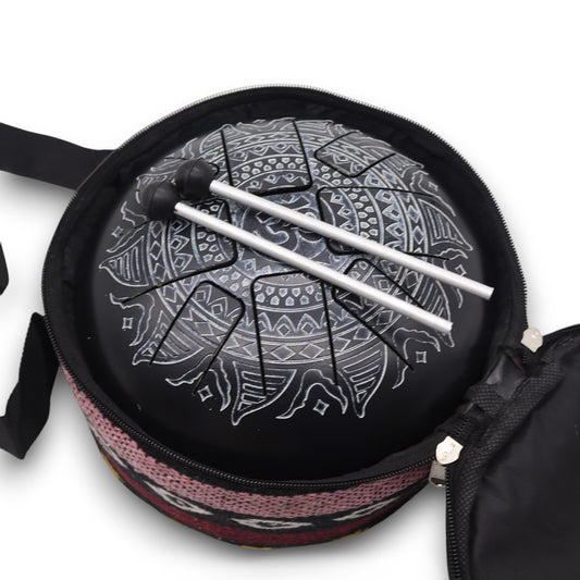 Steel Tongue Drum – Medium Black with Om Mandala Engraving and mallets (22x15cm)