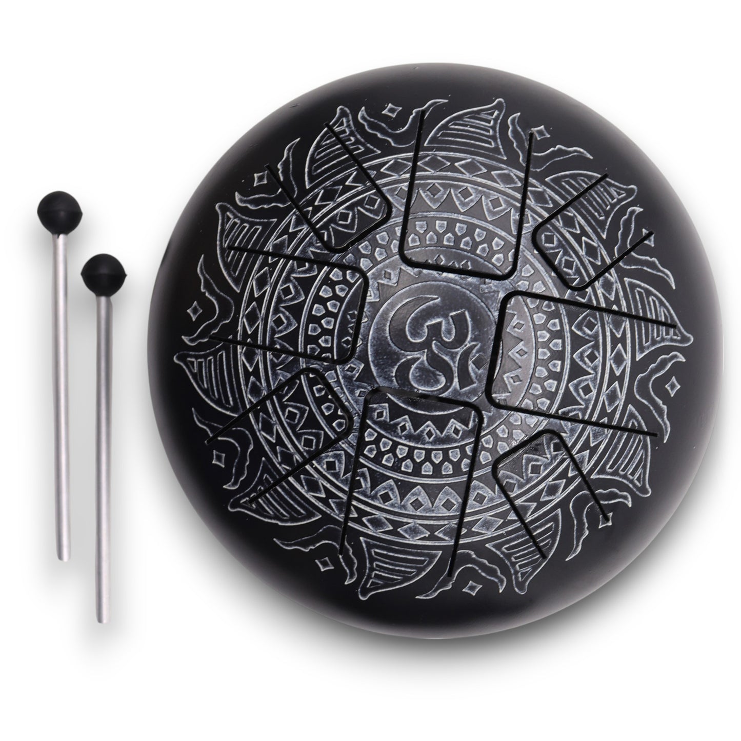 Steel Tongue Drum – Medium Black with Om Mandala Engraving and mallets (22x15cm)