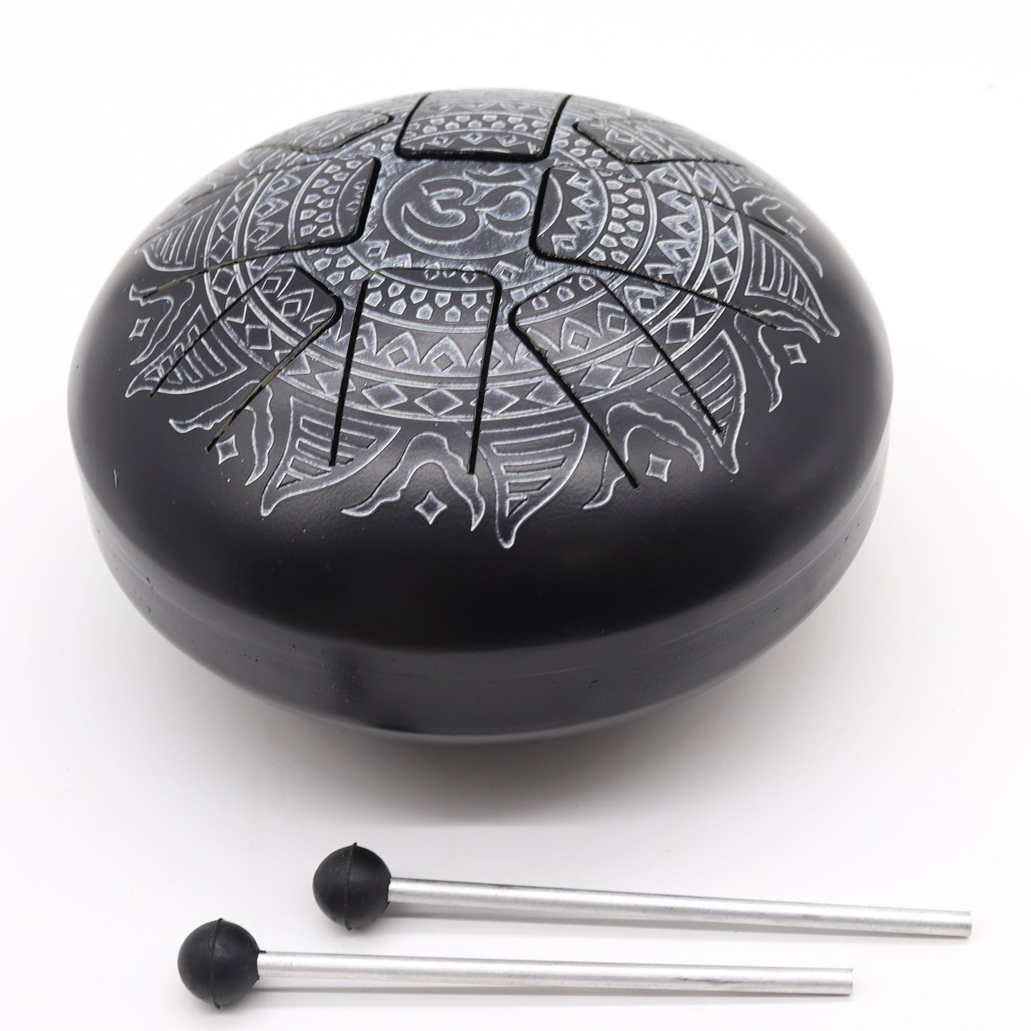 Steel Tongue Drum – Medium Black with Om Mandala Engraving and mallets (22x15cm)