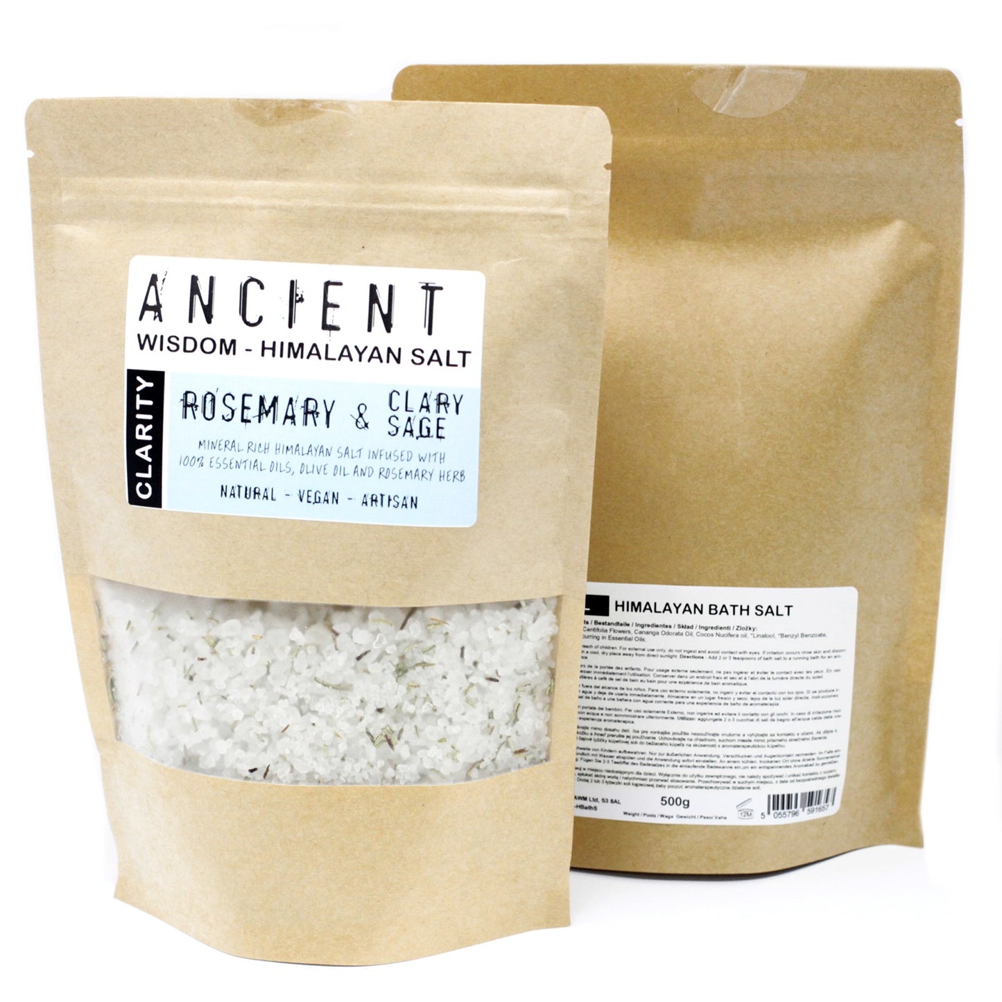 Himalayan Bath Salt Clarity blend with rosemary, clary sage, olive oil, and dried rosemary herbs in a 500g pouch.
