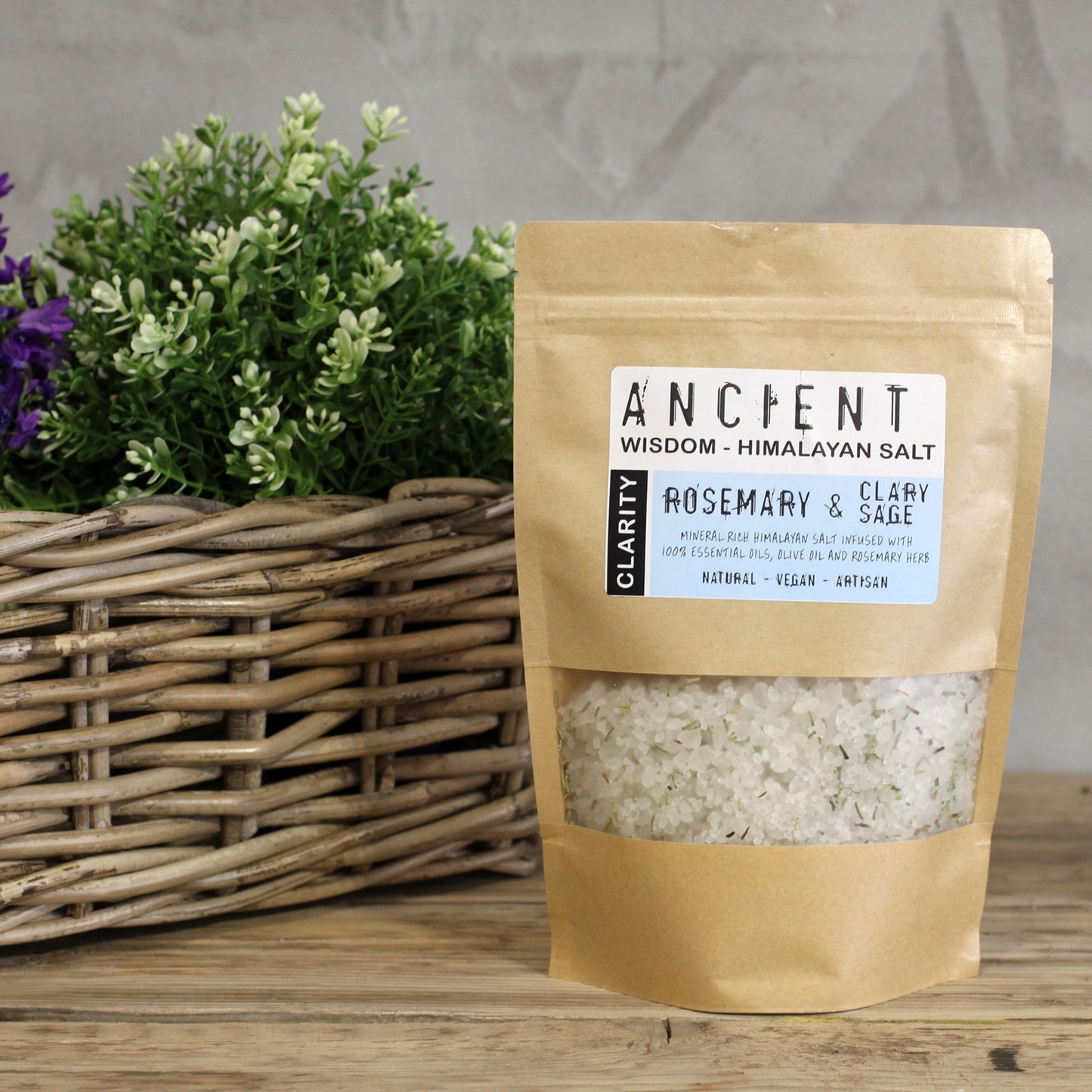 Himalayan Bath Salt Clarity blend with rosemary, clary sage, olive oil, and dried rosemary herbs in a 500g pouch.