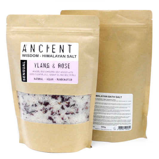 Himalayan Bath Salt Sensual blend with ylang ylang, coconut oil, and dried rose petals in a 500g pouch.