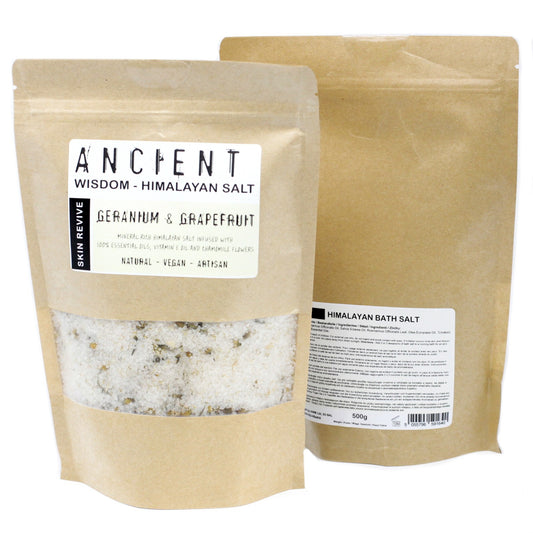 Himalayan Bath Salt Skin Revive blend with geranium, grapefruit, vitamin E oil, and chamomile flowers in a 500g pouch.