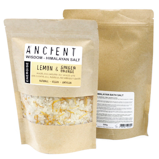 Himalayan Bath Salt Energise blend with lemon, ginger, orange oils, avocado oil, and calendula flowers in a 500g pouch.