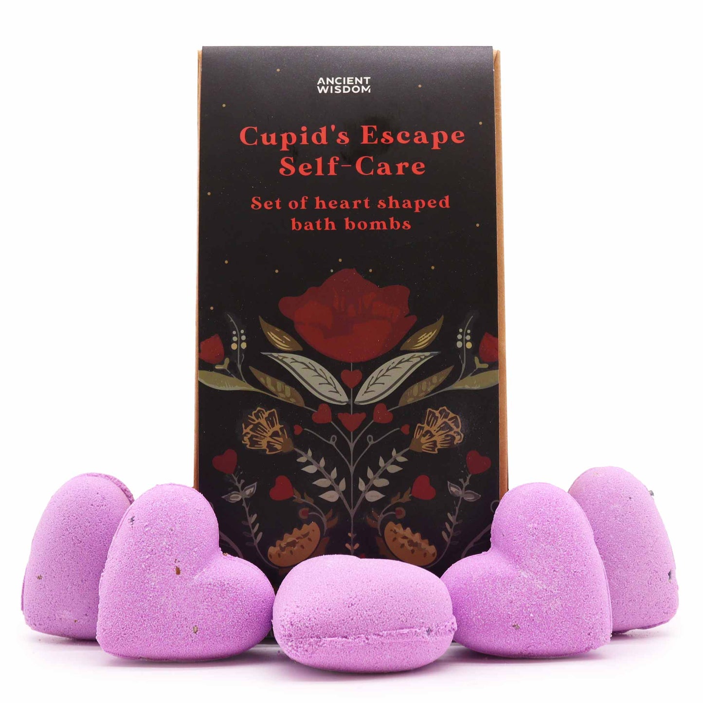 Mini Heart Bath Bombs – Cupid’s Escape Self-Care gift set with French lavender-scented heart-shaped bombs.