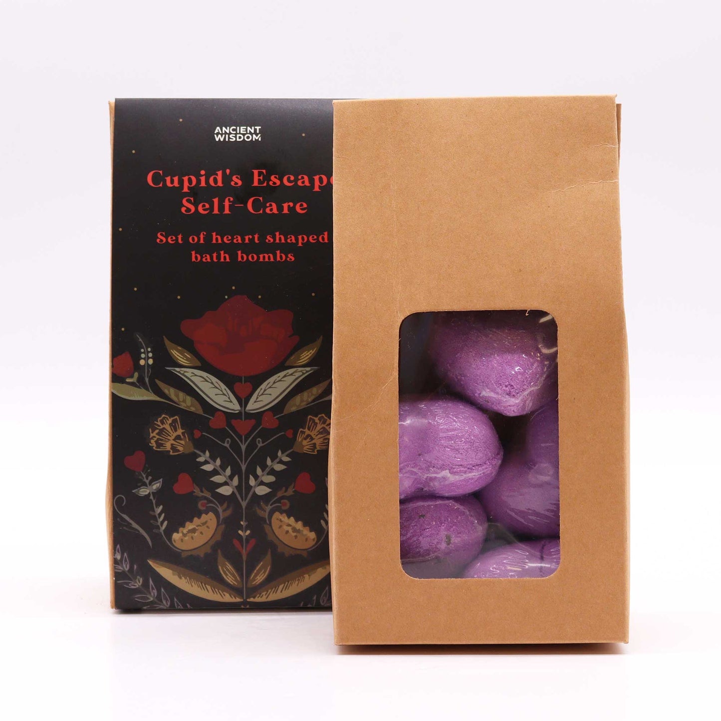 Mini Heart Bath Bombs – Cupid’s Escape Self-Care gift set with French lavender-scented heart-shaped bombs.