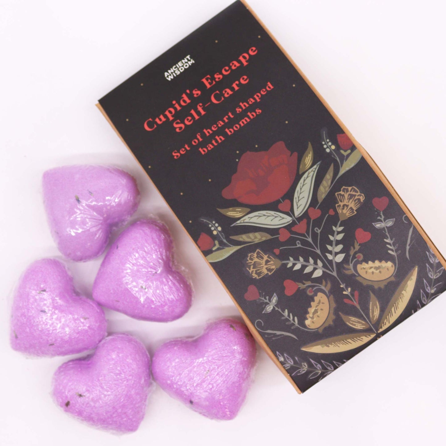 Mini Heart Bath Bombs – Cupid’s Escape Self-Care gift set with French lavender-scented heart-shaped bombs.