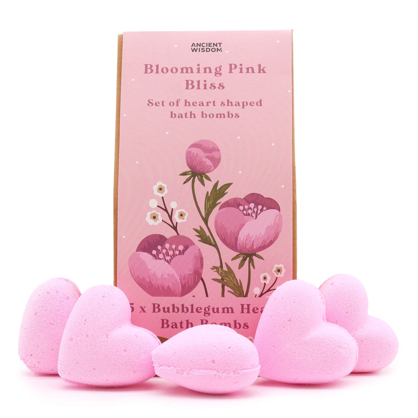 Mini Heart Bath Bombs – Blooming Pink Bliss gift set with bubblegum-scented heart-shaped bombs.
