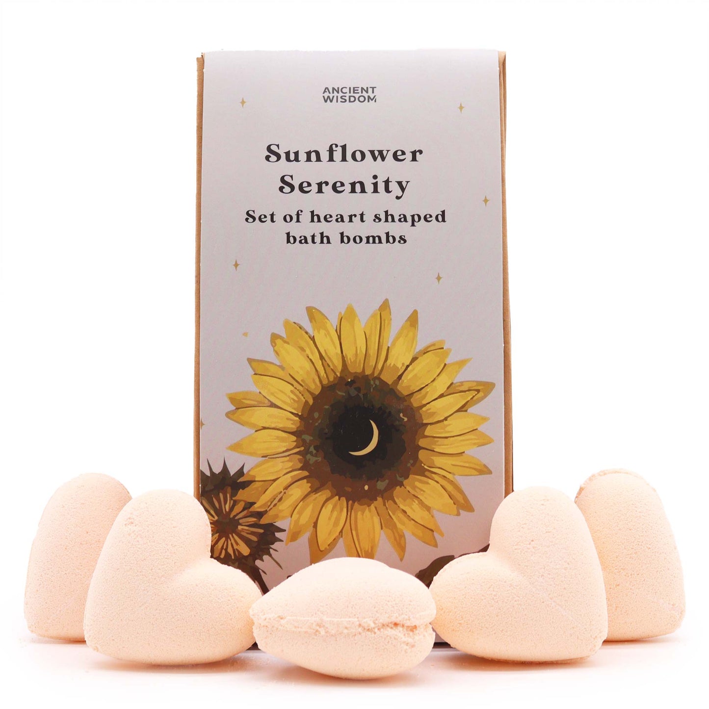 Mini Heart Bath Bombs – Sunflower Serenity gift set with passion fruit scent in heart shapes.