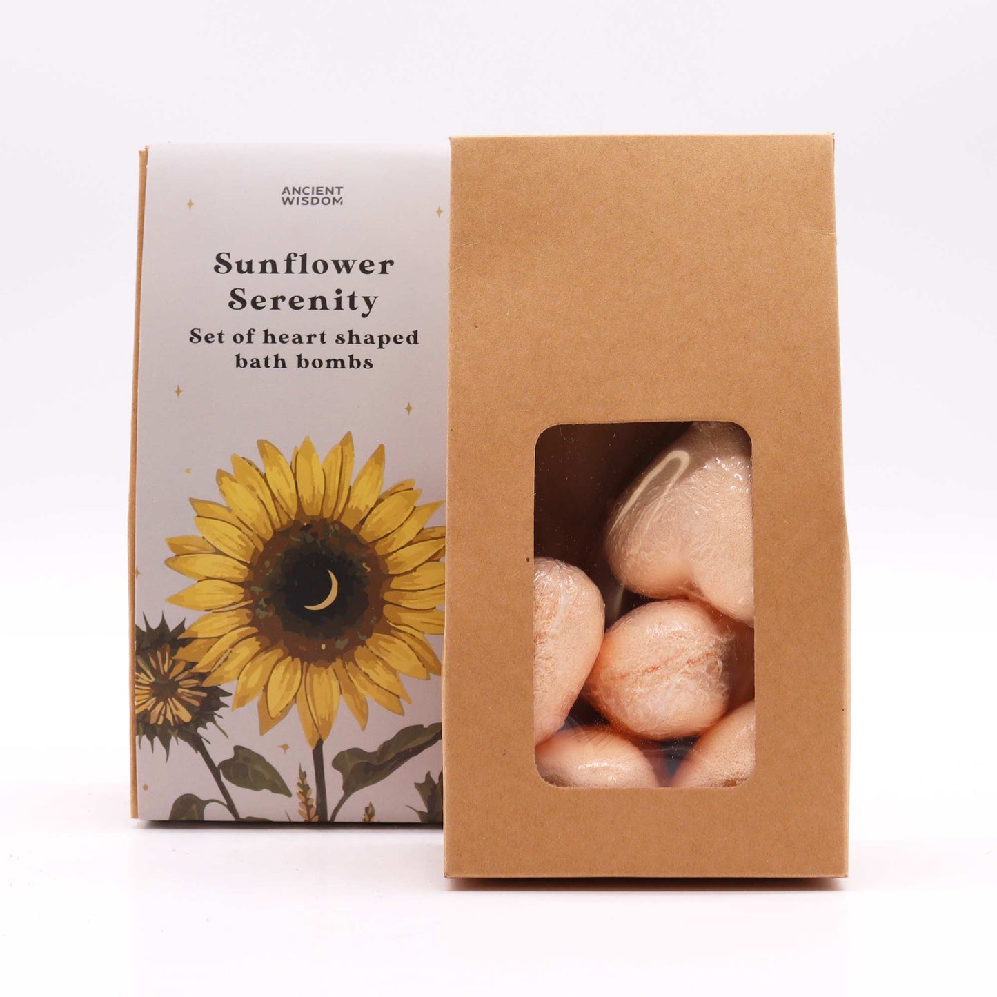 Mini Heart Bath Bombs – Sunflower Serenity gift set with passion fruit scent in heart shapes.