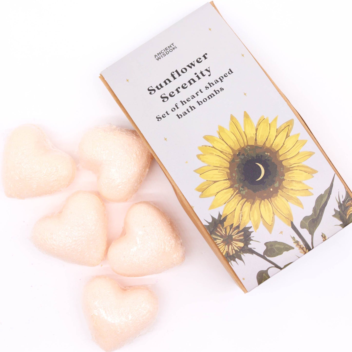 Mini Heart Bath Bombs – Sunflower Serenity gift set with passion fruit scent in heart shapes.