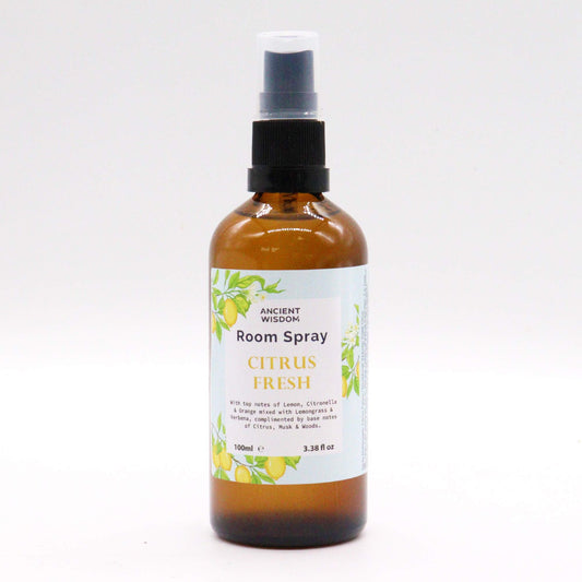 Amber bottle of Citrus Fresh room spray – 100ml, with a bright citrus blend of lemon, verbena, and musk.