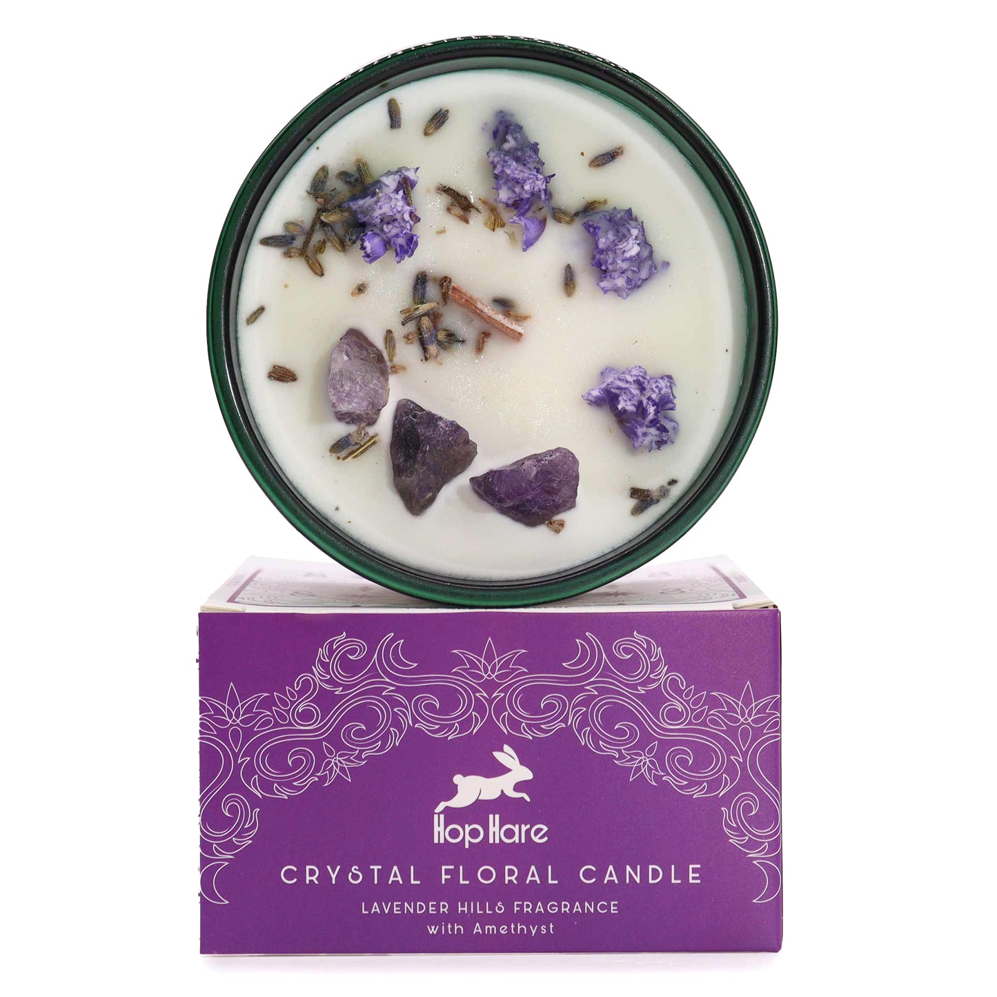 Hop Hare The Moon crystal candle with amethyst, lavender flowers, and tarot card in dark green jar