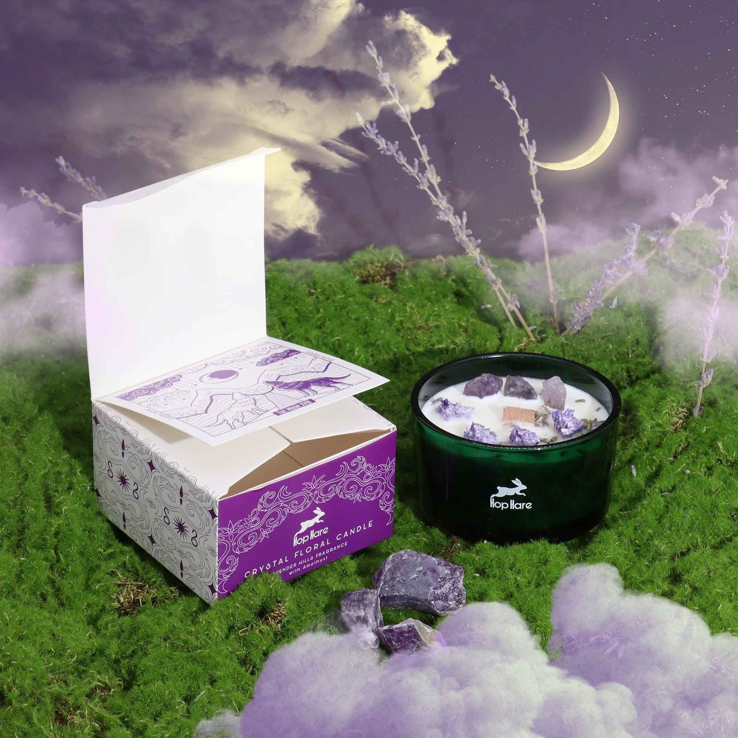 Hop Hare The Moon crystal candle with amethyst, lavender flowers, and tarot card in dark green jar