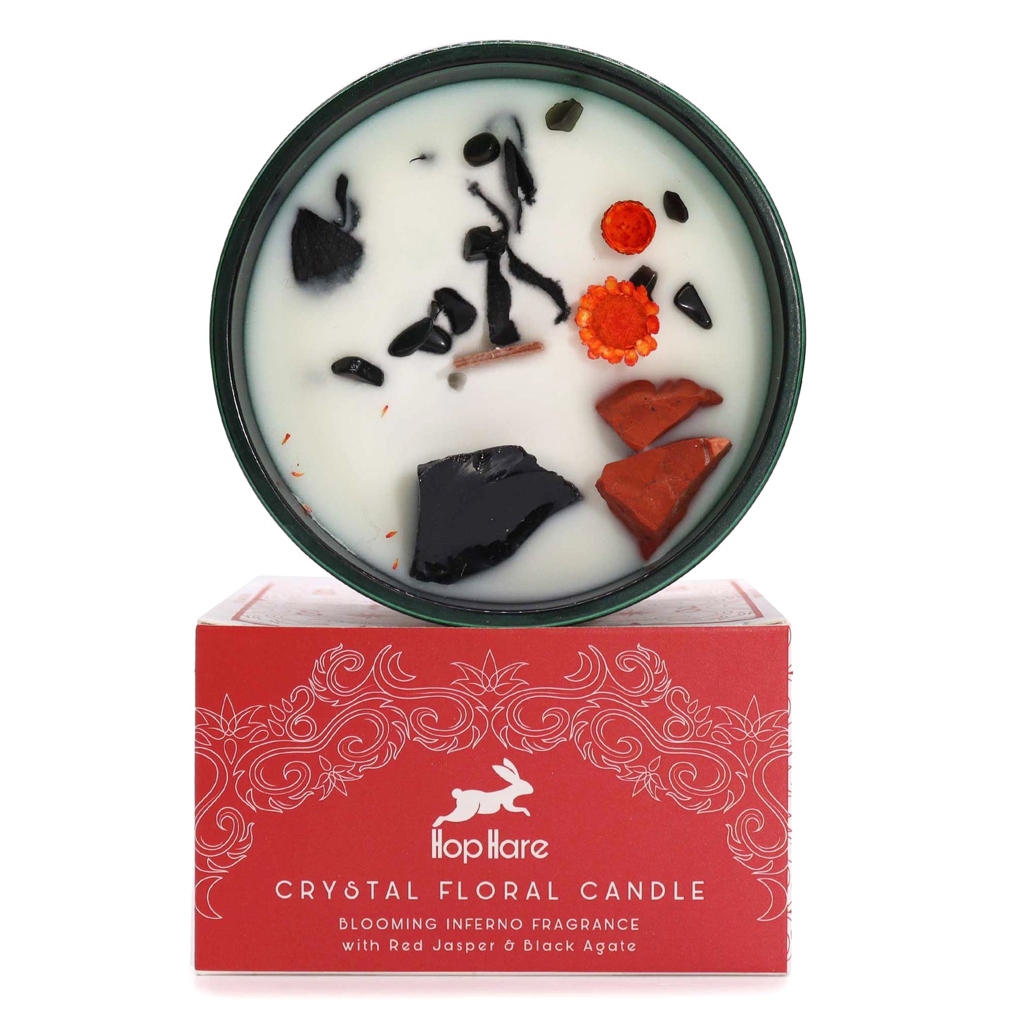 Hop Hare The Devil crystal candle with red jasper, black agate, dried flowers, and tarot card in dark green jar