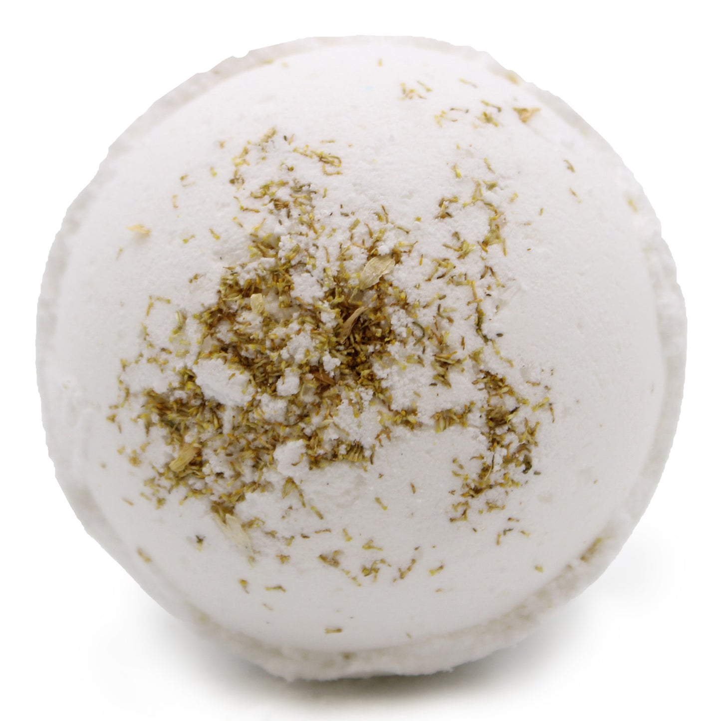 Himalayan Salt bath bomb with geranium, grapefruit, and vitamin E oil, enriched with chamomile flowers for skin care and emotional uplift.