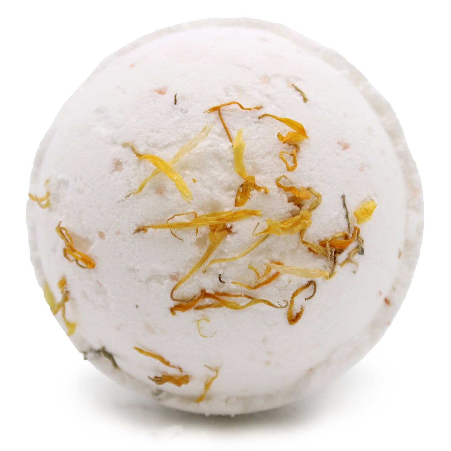Himalayan Salt bath bomb with lemon, ginger, orange, avocado oil, and calendula petals for energising, skin-softening care.