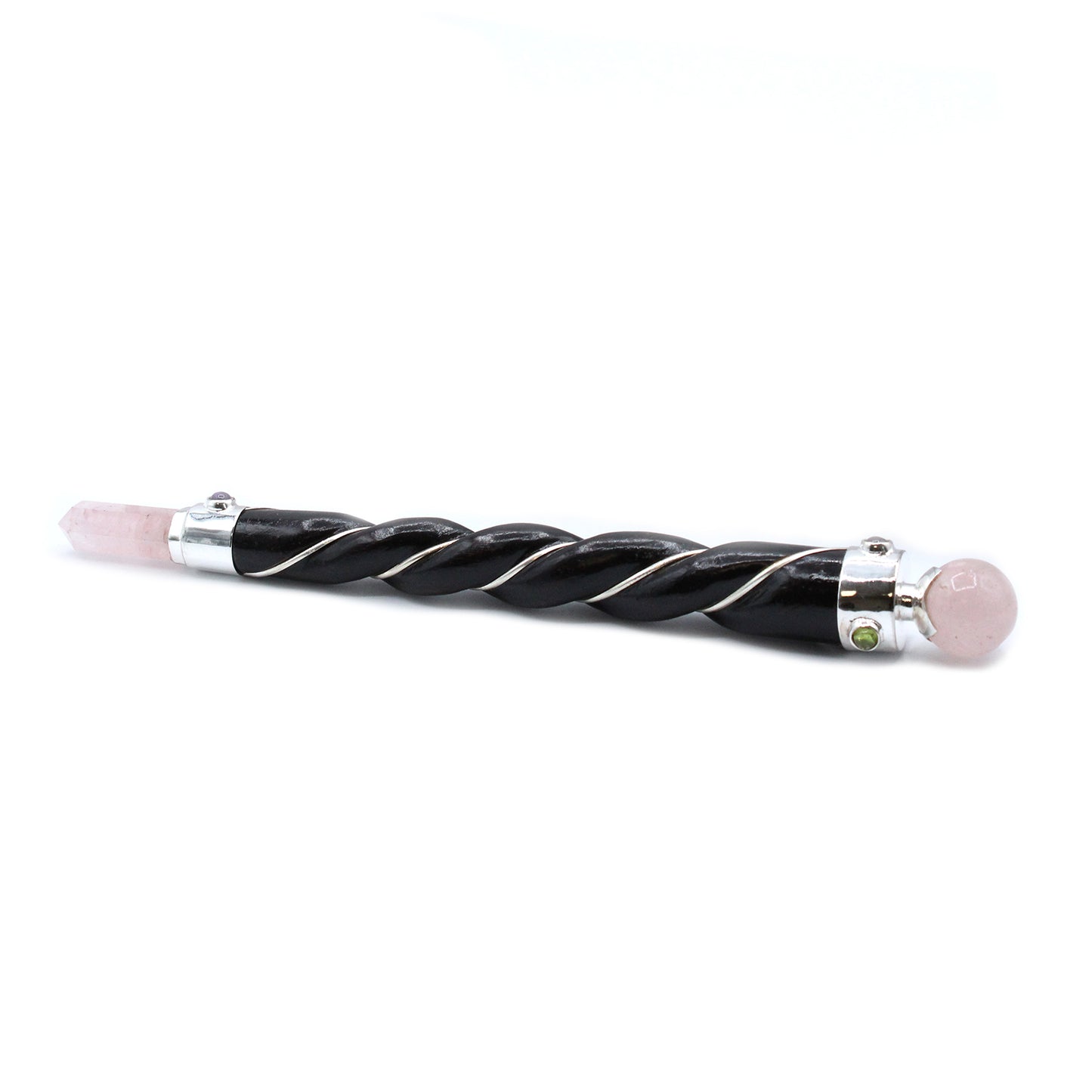 Twisted wood healing wand with rose quartz point and sphere, silver plated copper wire, and gemstones. Ideal for love, compassion, and emotional healing.