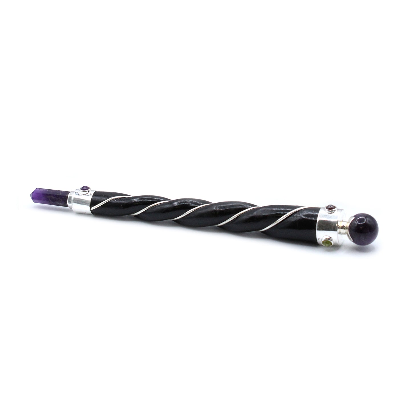 Twisted wooden wand with silver plated copper wire, amethyst point and sphere, and gemstones. Perfect for spiritual healing, intuition, and energy work.