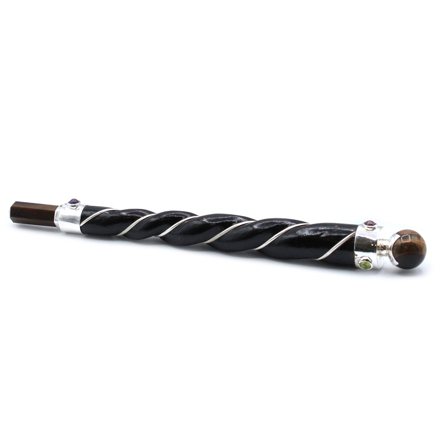 Twisted wooden healing wand with silver plated copper wire, tiger’s eye point and sphere, and gemstone accents. Ideal for grounding and energy alignment.