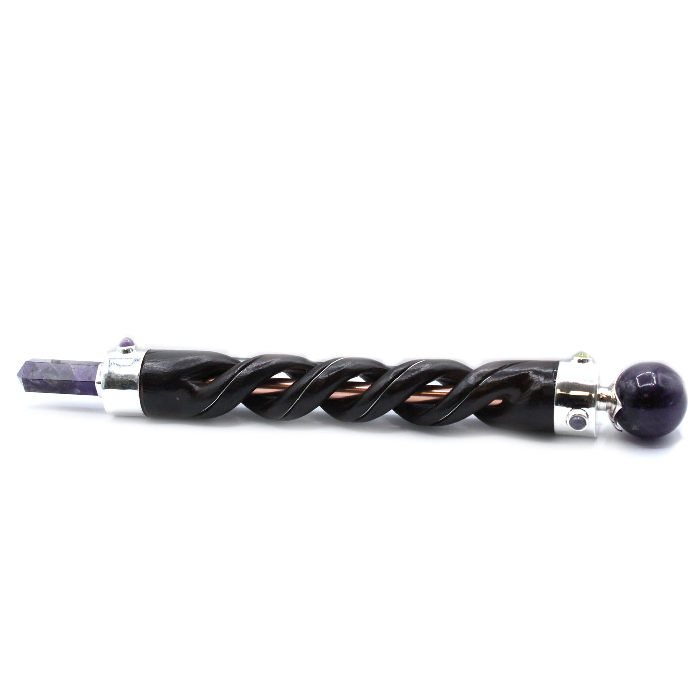 Healing wand with spiral-carved wooden body and central copper pipe, finished with an amethyst point and sphere. Ideal for energy healing and spiritual rituals.