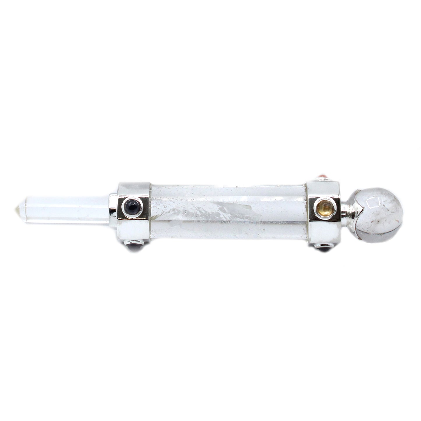 Hexagonal rock quartz healing wand with pointed tip, rounded sphere end, and gemstone accents. Ideal for energy amplification, clarity, and chakra work.