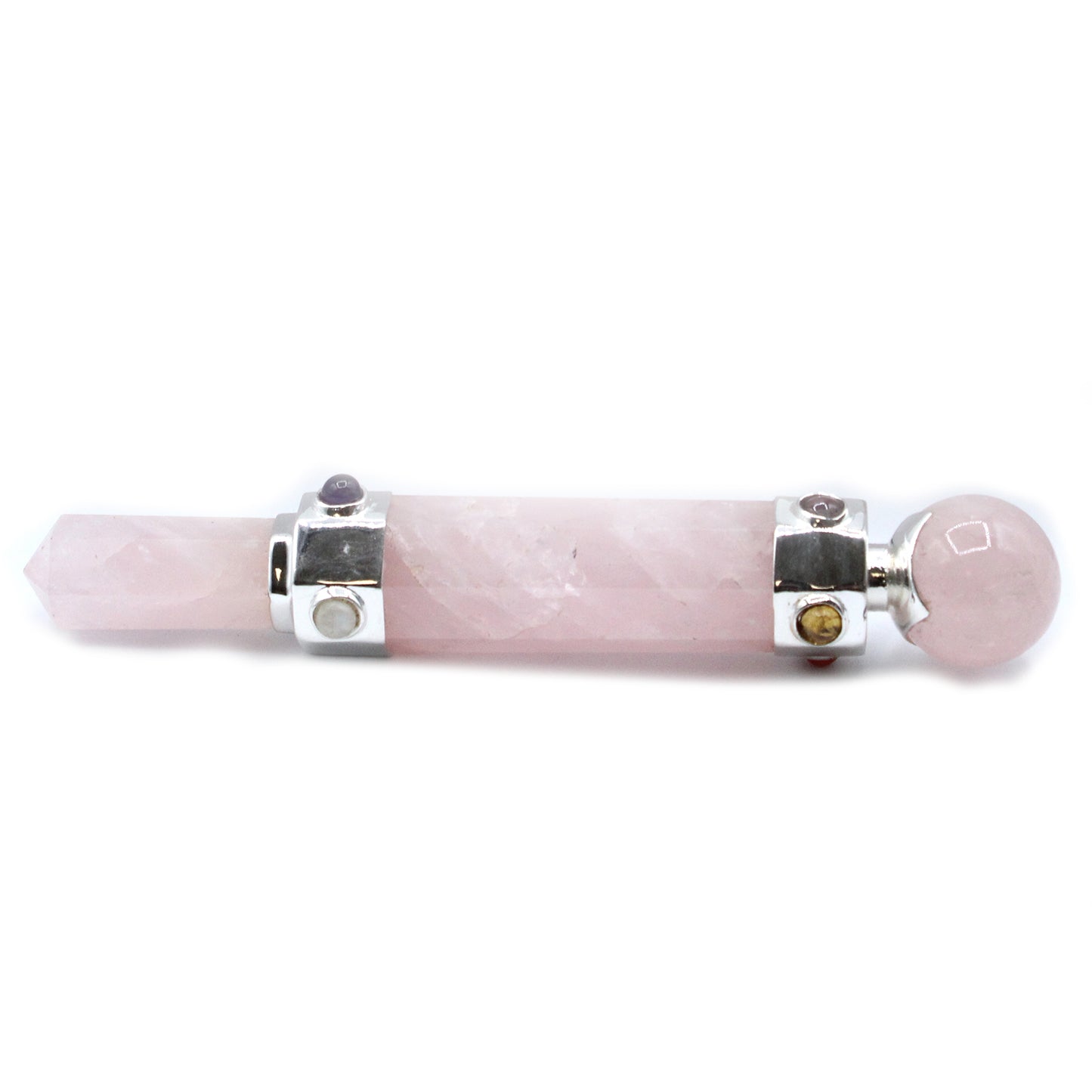 Hexagonal rose quartz healing wand with pointed tip, rounded sphere end, and gemstone accents. Ideal for love, emotional healing, and chakra alignment.
