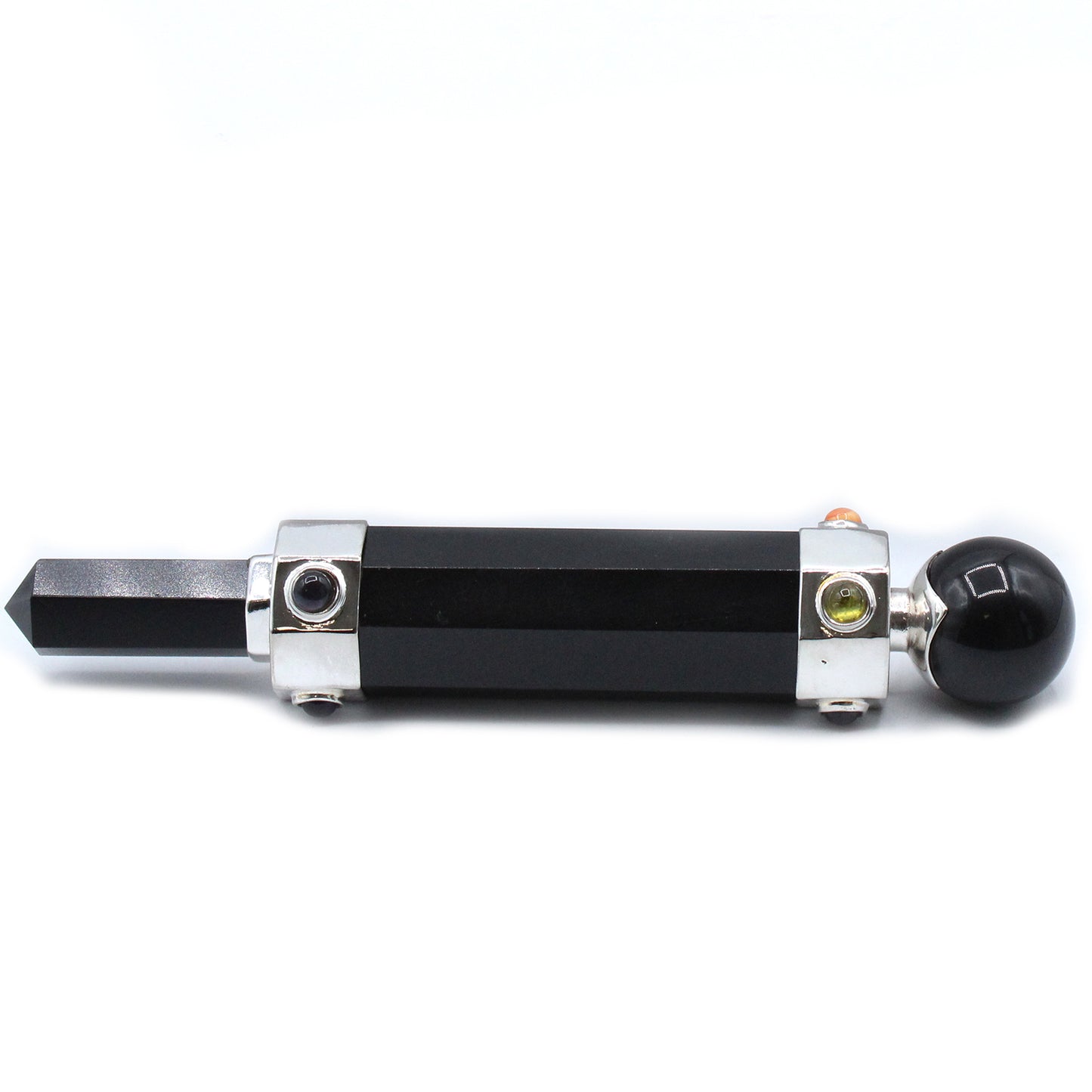 Hexagonal black agate healing wand with pointed tip, rounded sphere end, and gemstone accents. Designed for grounding, protection, and energy balancing.