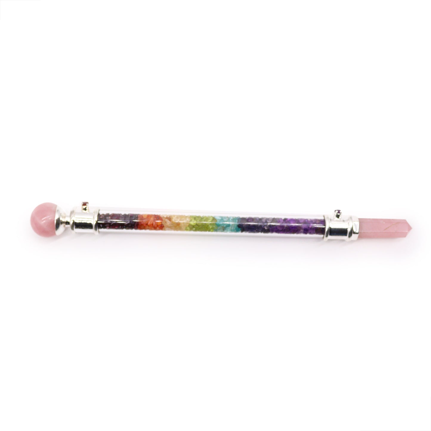 7 chakra crystal healing wand filled with rainbow gemstone chips, featuring a rose quartz point and rounded rose quartz end for energy balancing and heart healing.