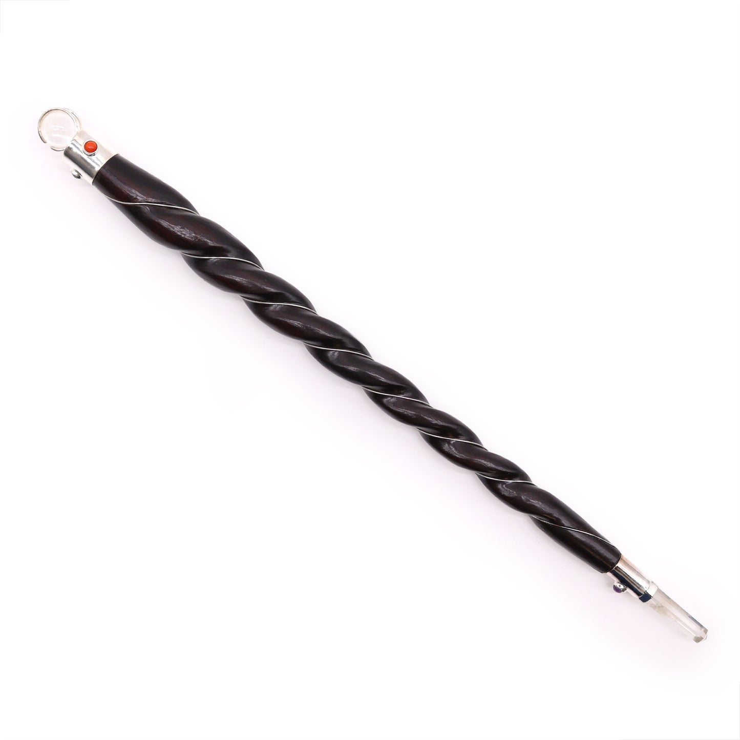 Extra large twisted wood healing wand with clear quartz tips and silver wire wrap. Handcrafted in India for reiki, chakra alignment, and ritual use.