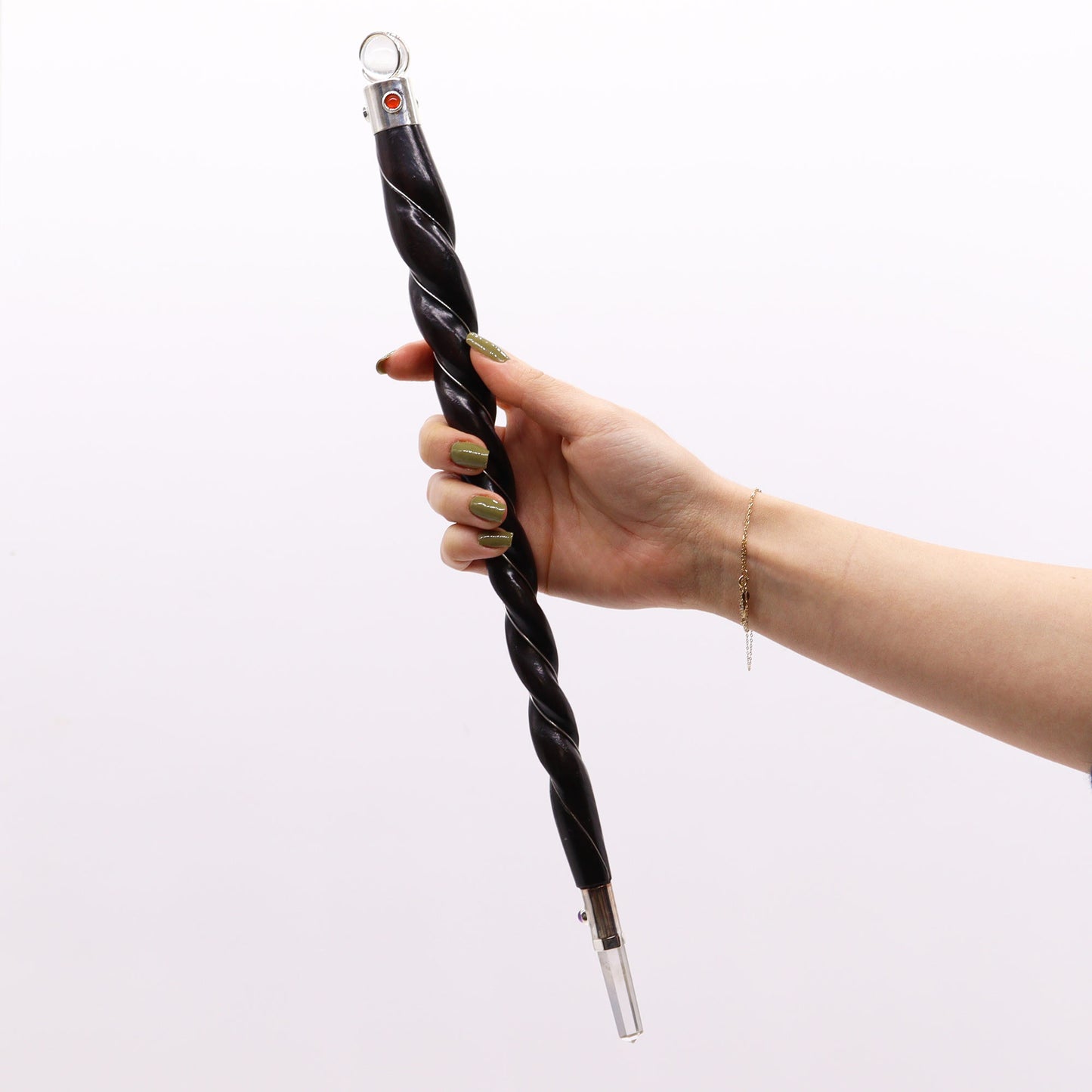 Extra large twisted wood healing wand with clear quartz tips and silver wire wrap. Handcrafted in India for reiki, chakra alignment, and ritual use.