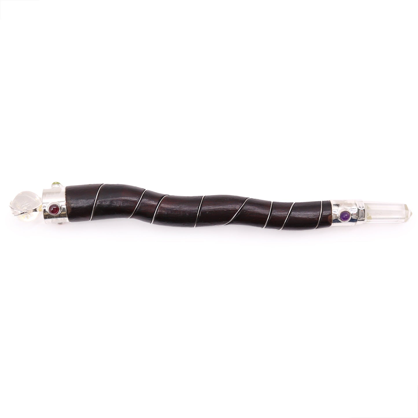 Curved wood and rock quartz healing wand with gemstones and silver wire wrapping. Handmade in India for energy healing, reiki, and spiritual alignment.