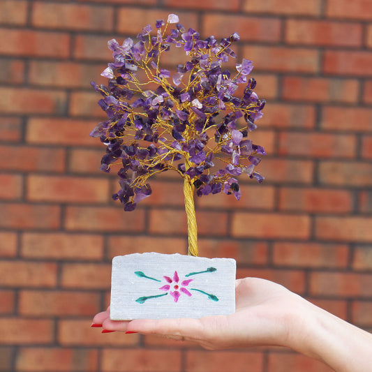 Amethyst Crystal Tree with 320 Stones on Hand Carved Stone Base