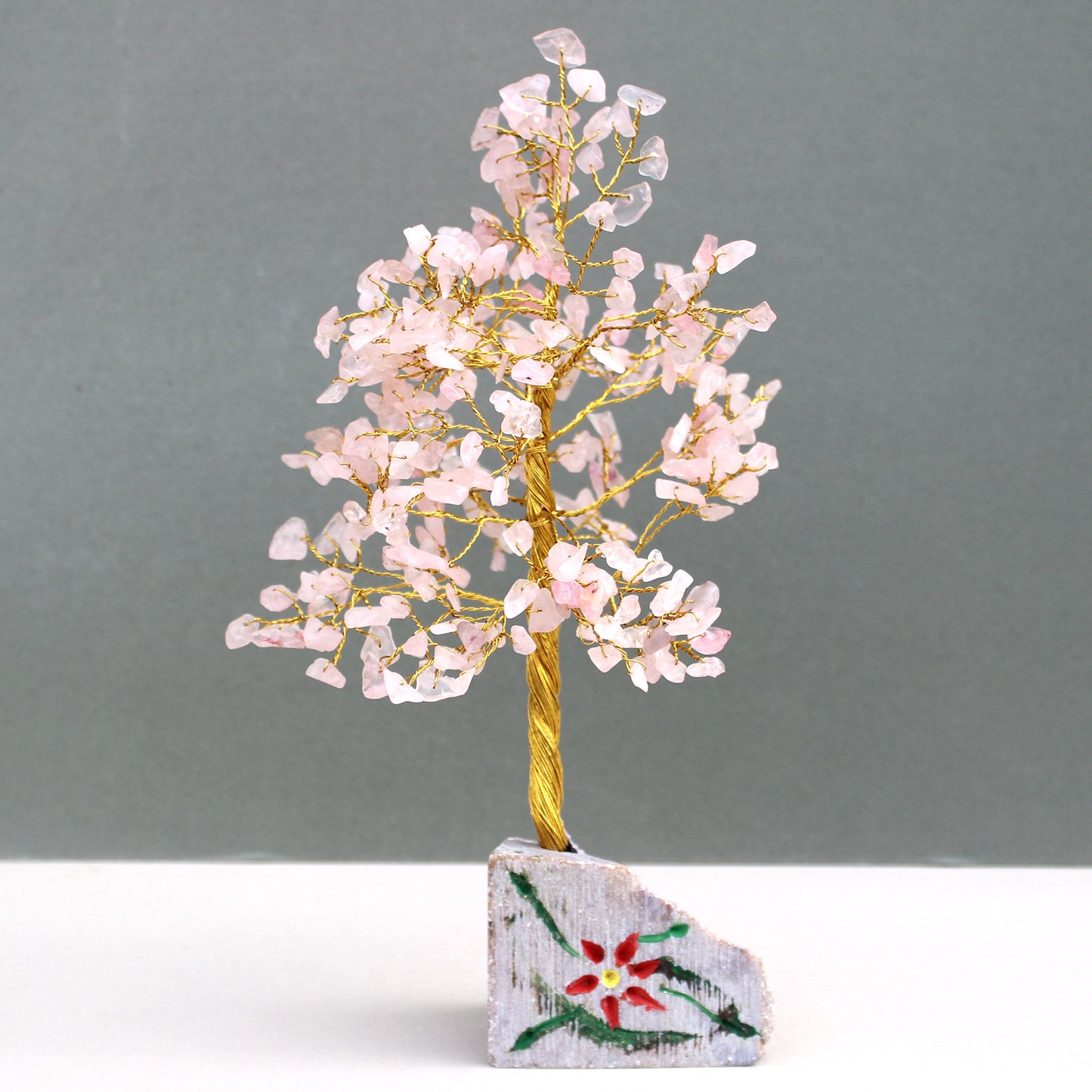 Rose Quartz Crystal Tree with 320 Stones on Hand Carved Stone Base