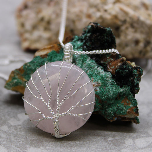 Tree of Life pendant with round rose quartz and silver wire overlay