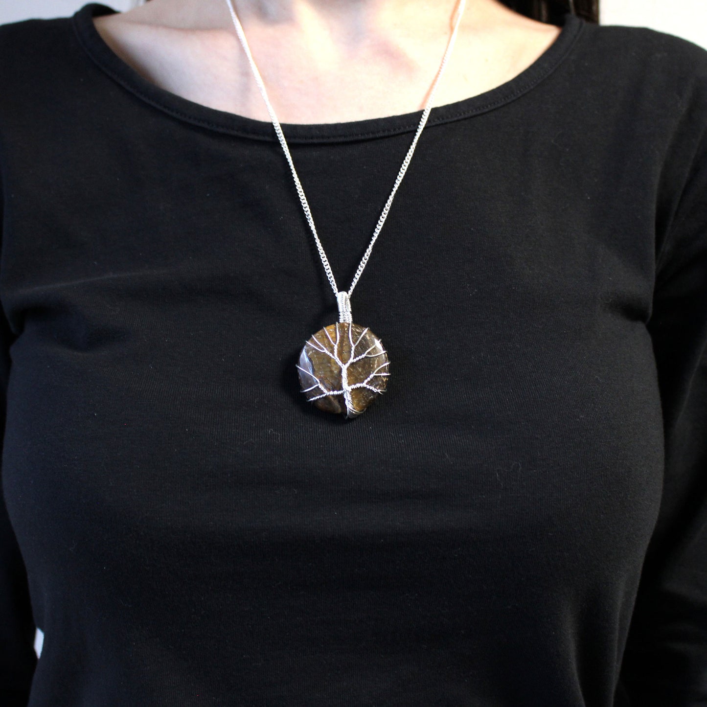 Tree of Life pendant with round tiger's eye and silver wire overlay on 50cm silver-plated copper chain