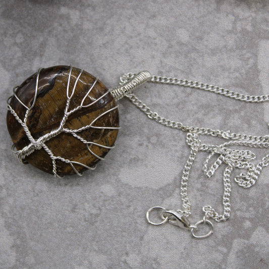 Tree of Life pendant with round tiger's eye and silver wire overlay on 50cm silver-plated copper chain