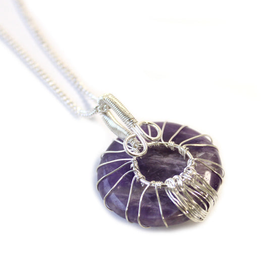 Tree of Life pendant with round amethyst and silver wire overlay on 50cm silver-plated copper chain