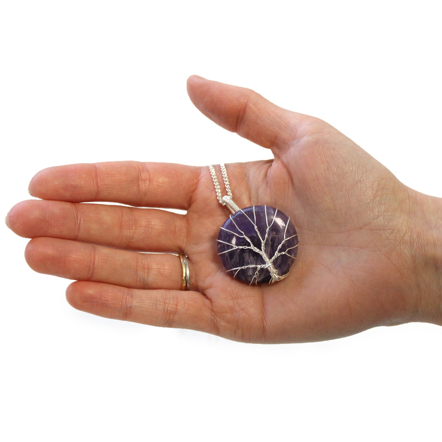 Tree of Life pendant with round amethyst and silver wire overlay on 50cm silver-plated copper chain
