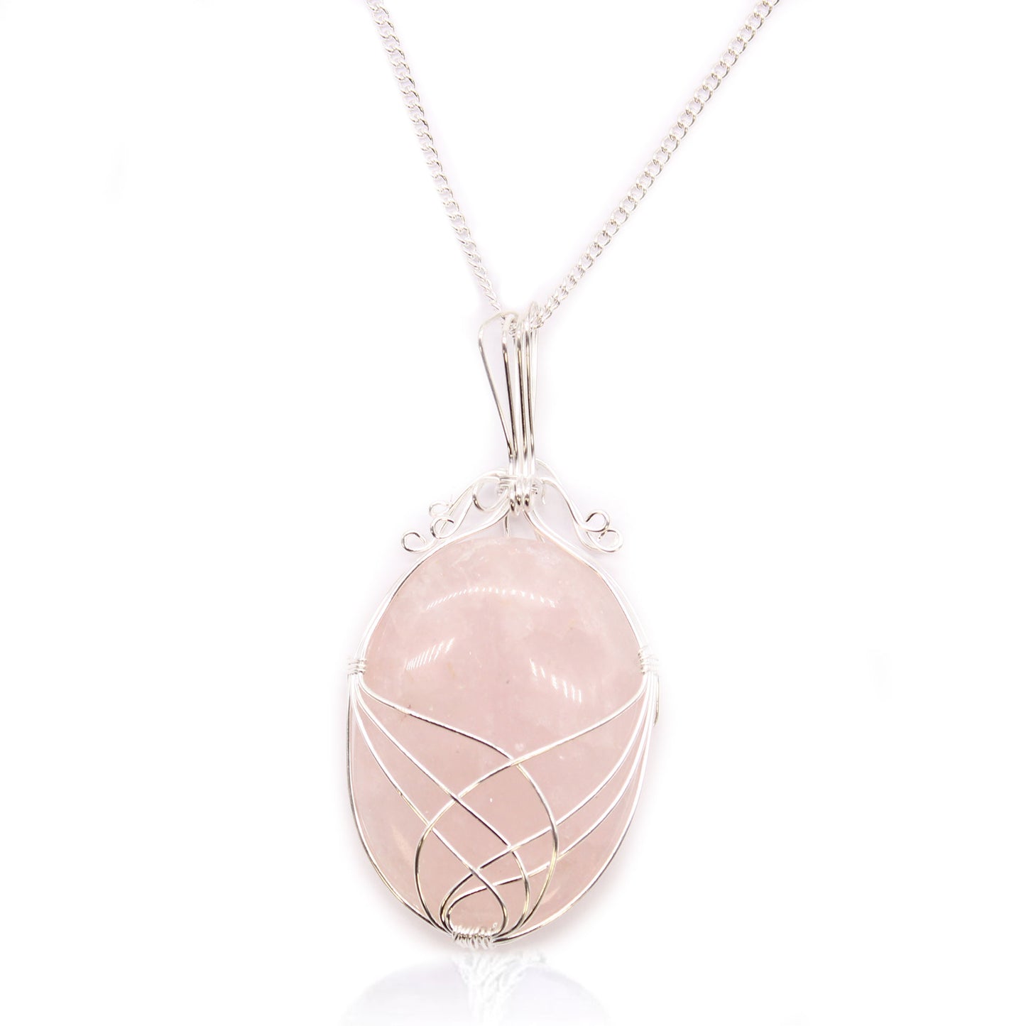 Oval Rose Quartz gemstone necklace with silver swirl wire wrap on a 50cm silver-plated chain.