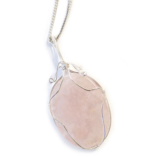 Oval Rose Quartz gemstone necklace with silver swirl wire wrap on a 50cm silver-plated chain.