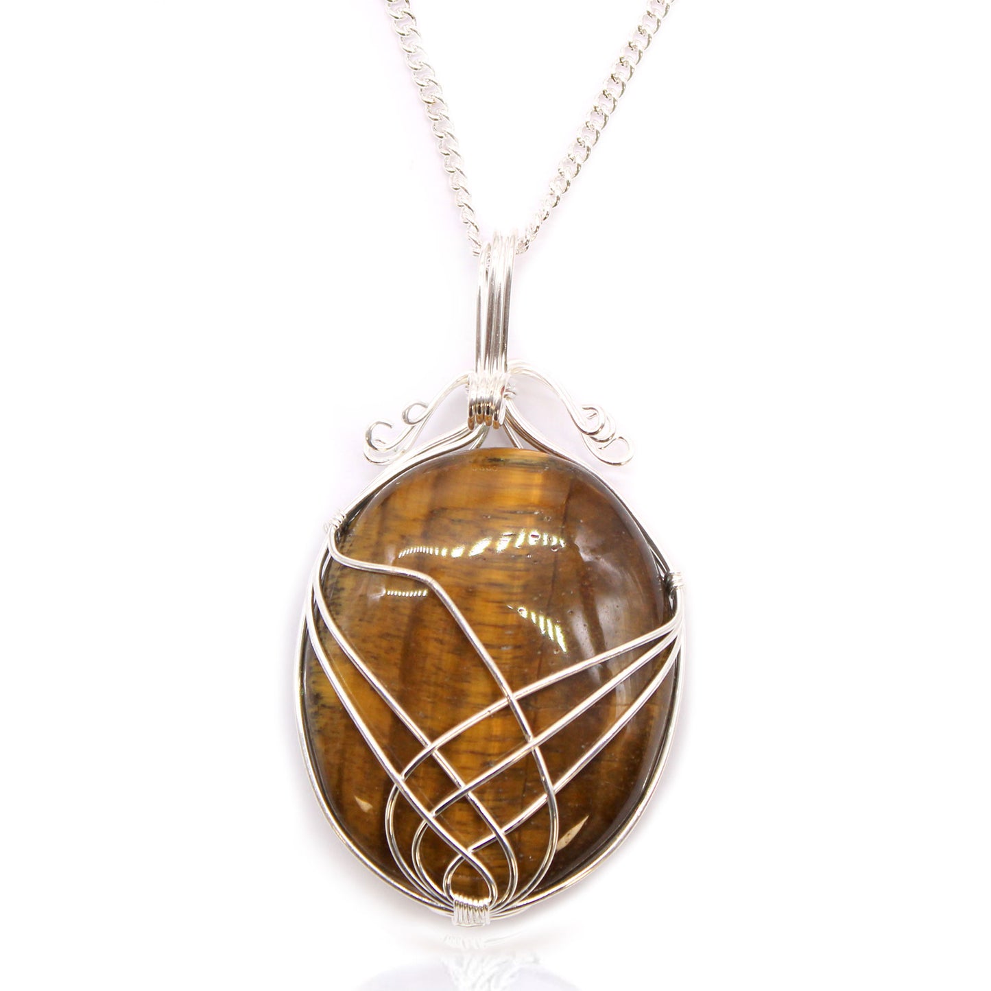 Oval Tiger's Eye gemstone necklace with silver swirl wire wrap on a 50cm silver-plated chain.