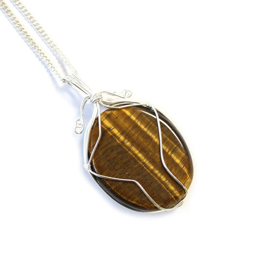 Oval Tiger's Eye gemstone necklace with silver swirl wire wrap on a 50cm silver-plated chain.