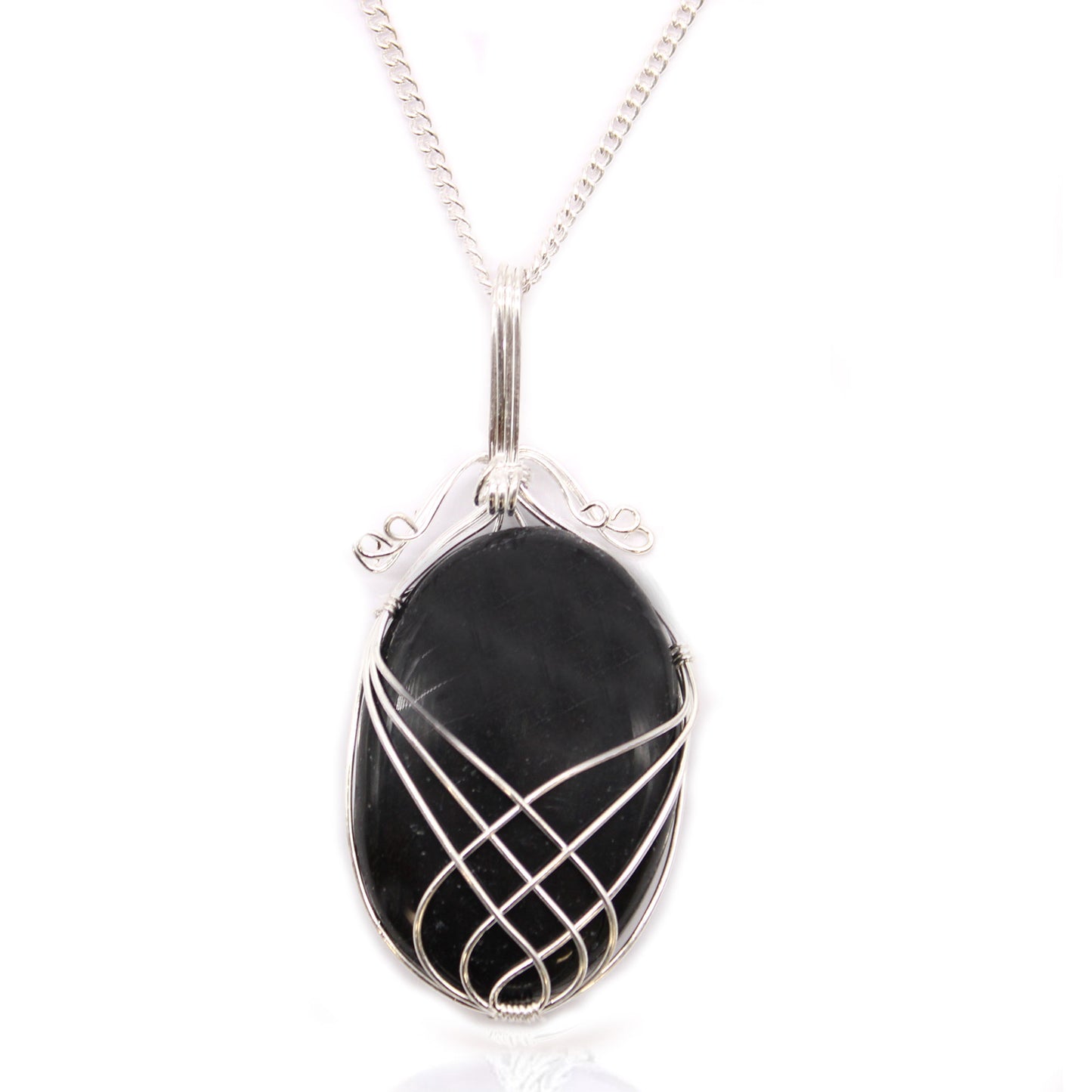 Oval Black Onyx gemstone necklace with silver swirl wire wrap on a 50cm silver-plated chain.