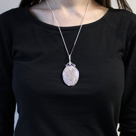 Oval Opalite gemstone necklace with silver swirl wire wrap on a 50cm silver-plated chain.