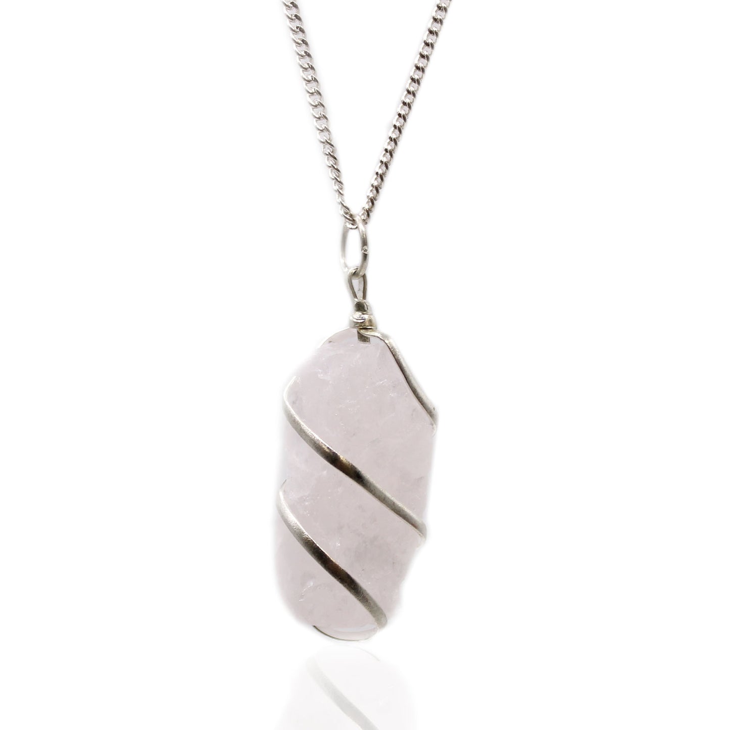 Raw Rose Quartz pendant wrapped in cascading wire on silver-plated chain