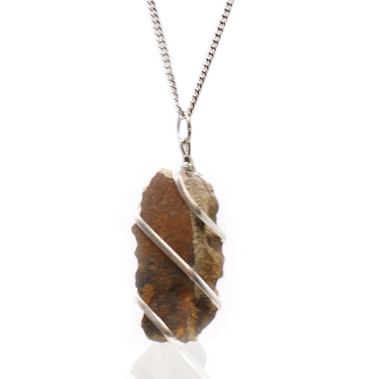 Raw Tiger’s Eye gemstone pendant with silver-toned cascading wire wrap